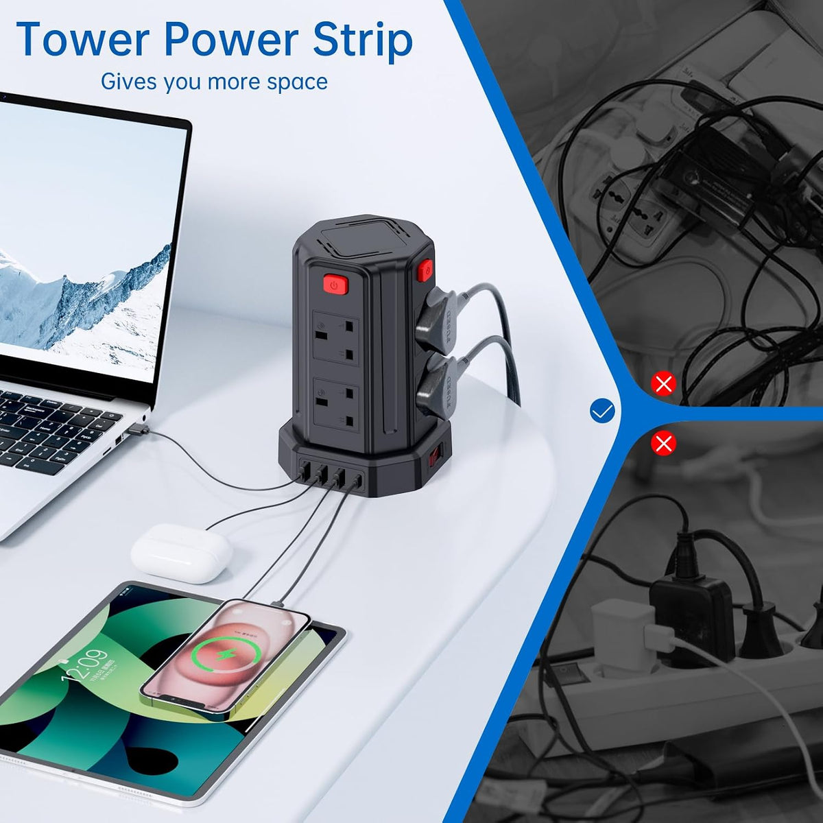 Tower Extension Lead 3M, [13A 3250W] Extension Lead, 8 AC Outlets & 4 USB Ports Multi Plug Socket Power Strip with 3M Extension Cable for Home, Office