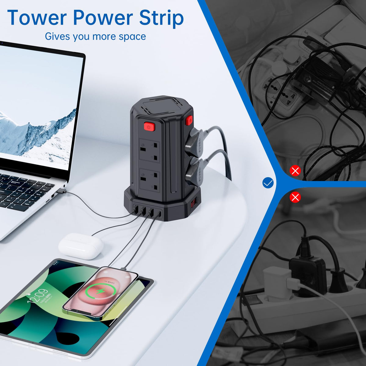 Tower Extension Lead 3M, [13A 3250W] Extension Lead, 8 AC Outlets & 4 USB Ports Multi Plug Socket Power Strip with 3M Extension Cable for Home, Office