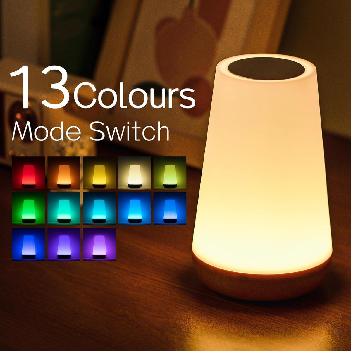 Ledivion Night Light, LED Touch Bedside Table Lamp, RGB Colours Changing, 5 Brightness Level, Timing Function, Dimmable Rechargable Remote Control Light for Bedroom, Living Room