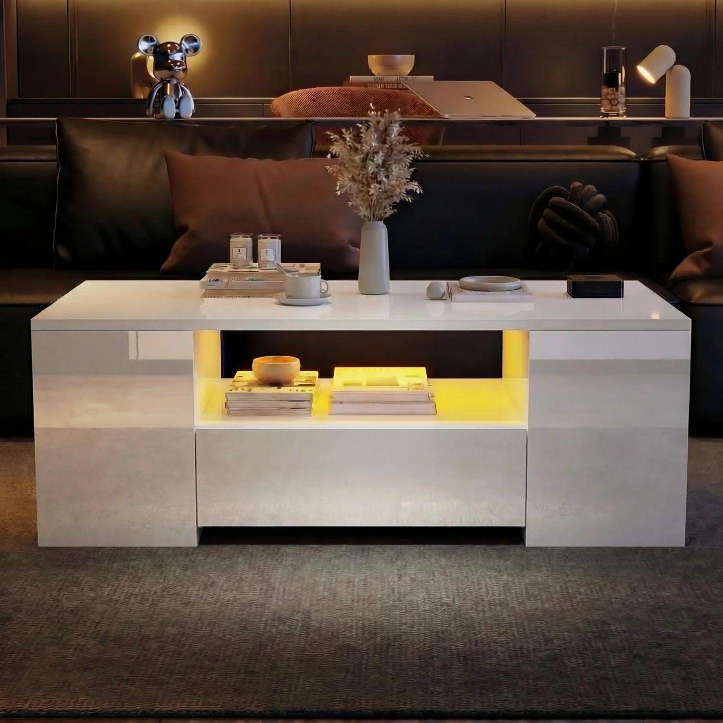 Blisswood Led Coffee Table with 2 Drawer Storage, High Gloss Coffee Table for Living Room Wooden Centre Table with RGB Led Lights Rectangle Tea Table for Living Room Furniture, Black