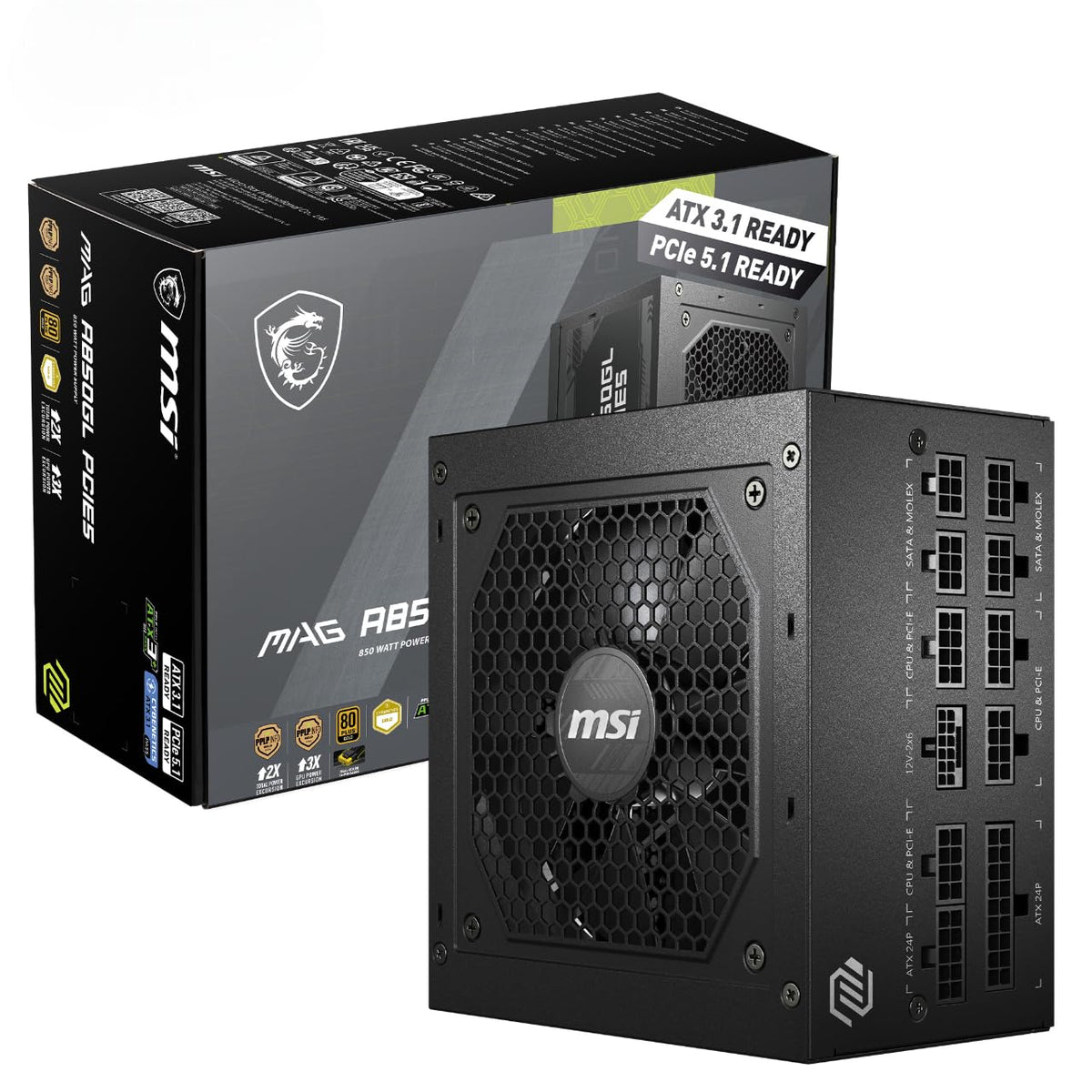 MSI MAG A750GL PCIE5 Power Supply Unit, 750W, 80 Plus Gold, Fully Modular, ATX 3.0, PCIe 5.0 GPU Support, 120mm FDB Fan, Full-Bridge LLC, Flat Black Cables - 7 Year Warranty