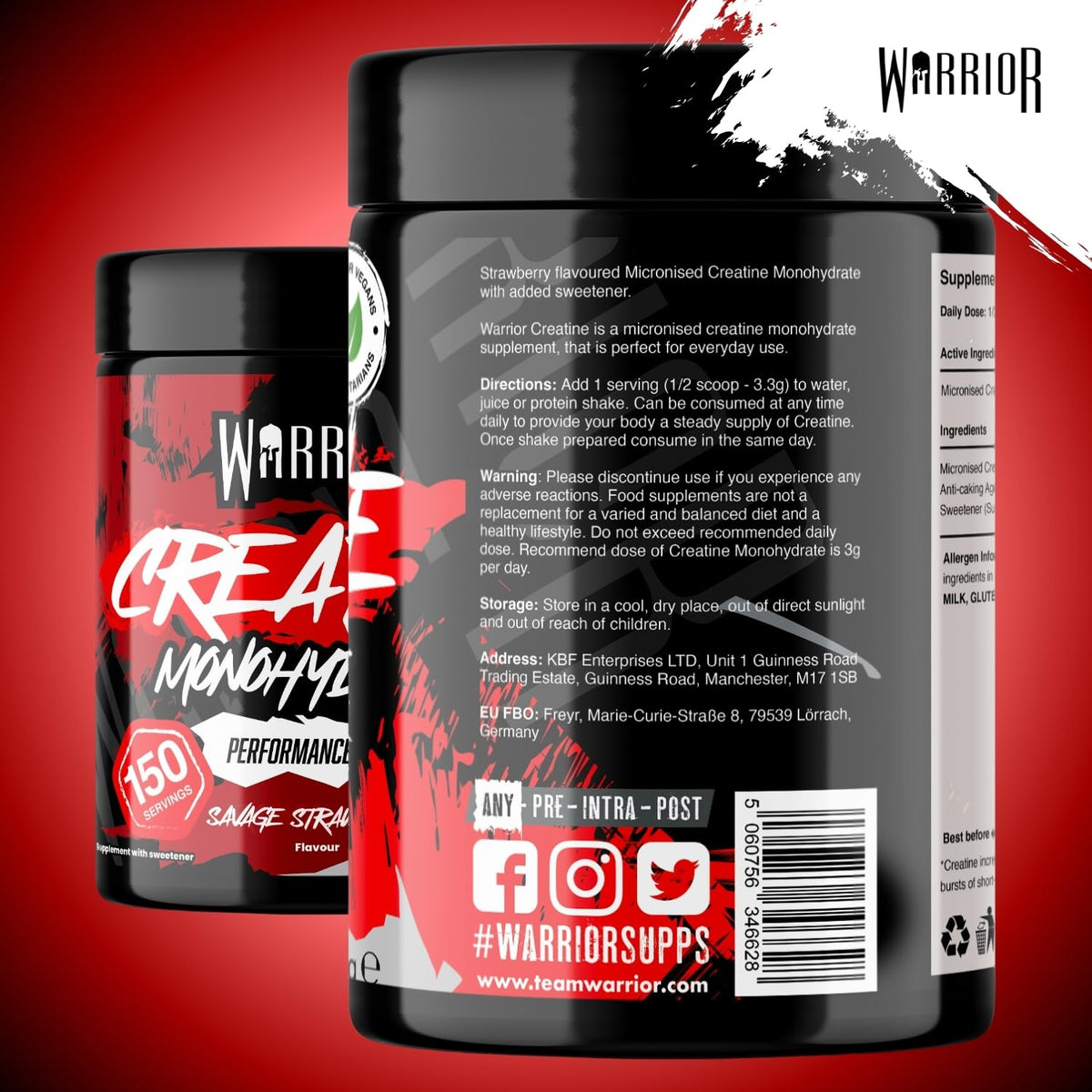 Warrior Creatine Monohydrate Powder 500g Pure Micronised (166 Servings)