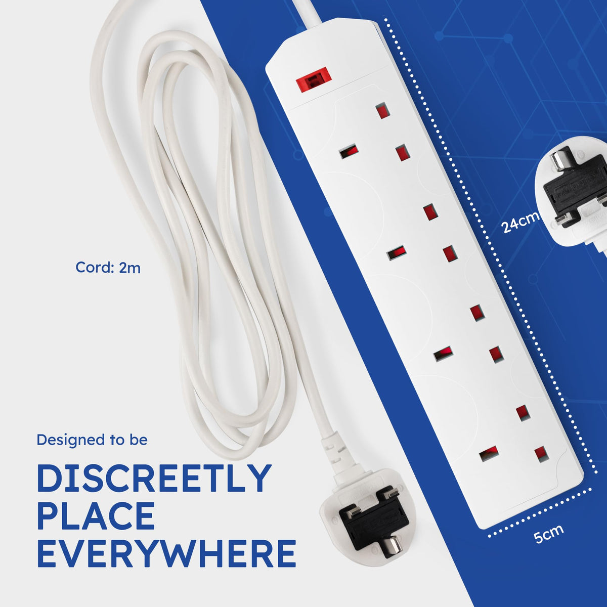 DESIRETECH Black Electric Extension Lead - 4 Gang, 1 Metre Cable with UK Plug & 3 Pin Socket - Wall Mountable & Multi Socket Mains Strip for Home, Bedroom, Kitchen, & Office (1 Pack)