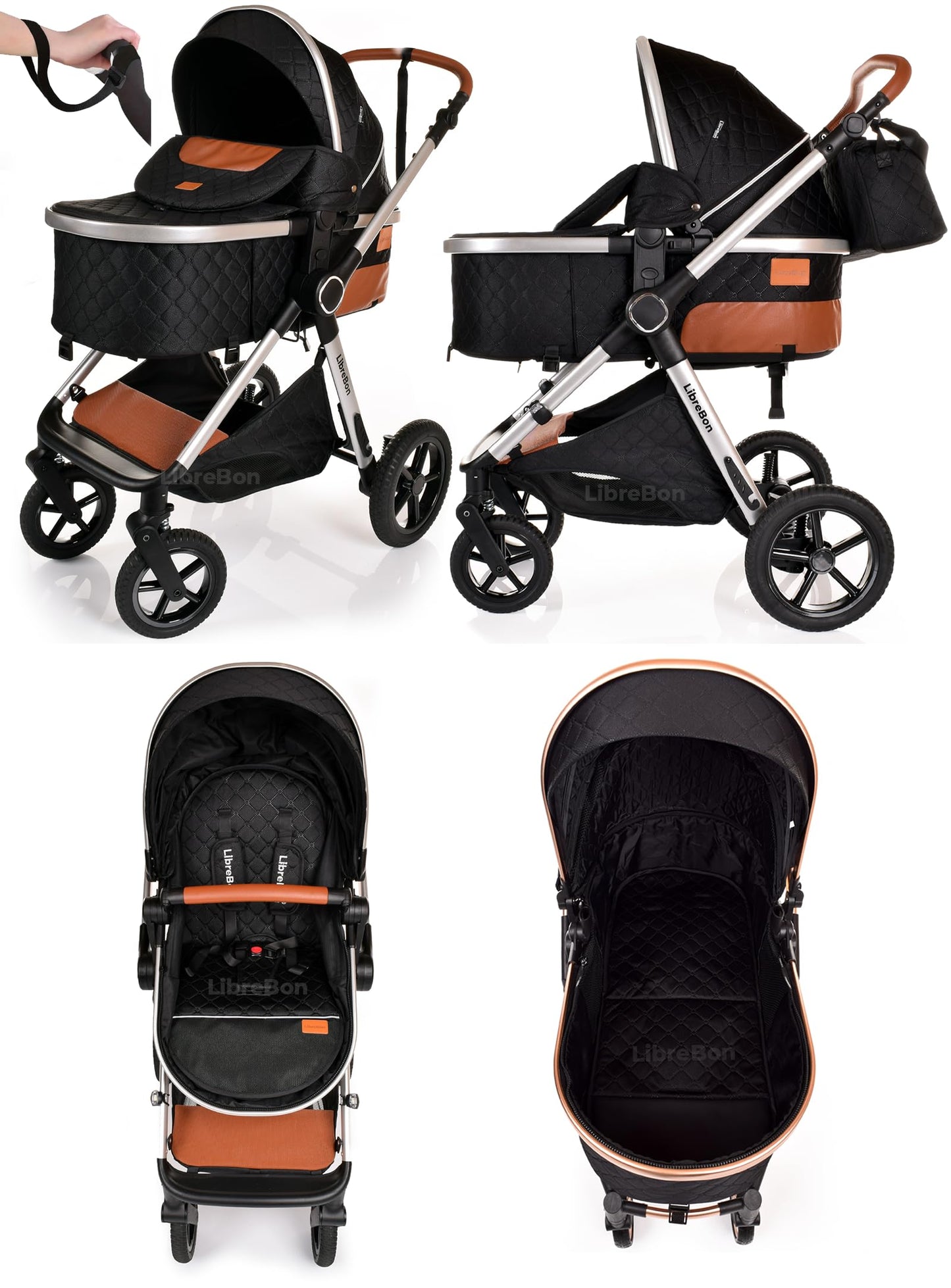 Baby Buggy Pram Pushchair Stroller 3 in 1 Child Lightweight Folding Stroller 3 in 1 Travel System Pram for Newborns & Toddlers from Birth Aluminum (Beige - Rose Gold Frame)