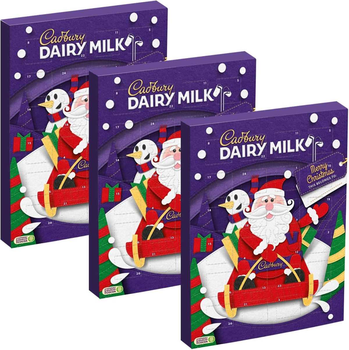 3 x Cadbury Dairy Milk Advent Calendar 90g for Kids Stocking Filling, Count down to Christmas, Big Night, Purple