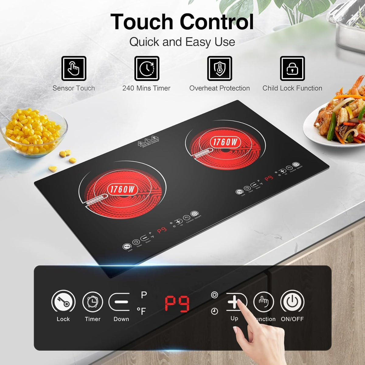 VBGK Portable Ceramic Hob, 2000W Portable Electric Hob, Electric Ceramic Hob, Single Cooking Zone with LED Display, 4-Hours Timer, Safety Lock, Residual Heat Indicator