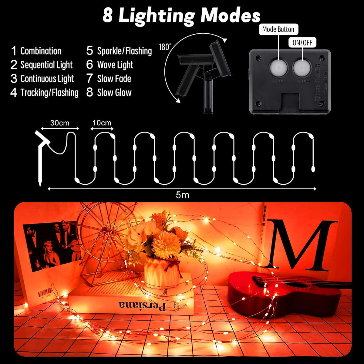 Gcstnn Garden Solar Lights Outdoor, 5M 50 LED Solar Fairy Lights, Copper Wire 8 Modes Waterproof String Lights for Yard, Christmas Tree, Bedroom, Gate, Indoor/Outside Decorations(Orange)
