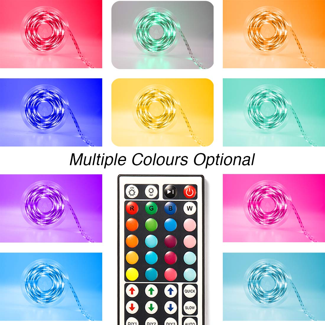 phopollo 5m RGB LED Strip Lights with Remote for Bedroom, Party.24V 5050 RGB, 44-Key Remote, Flexible Adhesive, Bedroom/Party Use