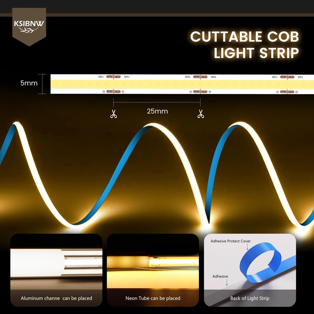 KSIBNW LED Strip Light COB 24V, 5M Cool White 6000K Led Strip Lights 5mm Width LED Tape Lights Flexible CRI90+ Uniform Dotless for Bedroom Cabinet Kitchen Decoration (No Power Supply)