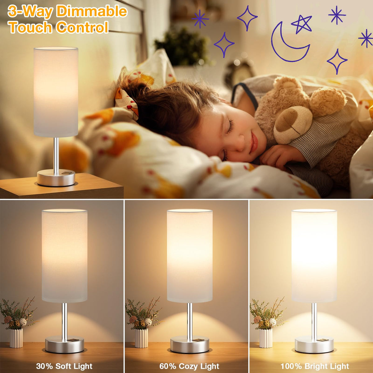 Aooshine Grey Table Lamp, 3-Way Dimmable, USB A + C Charging