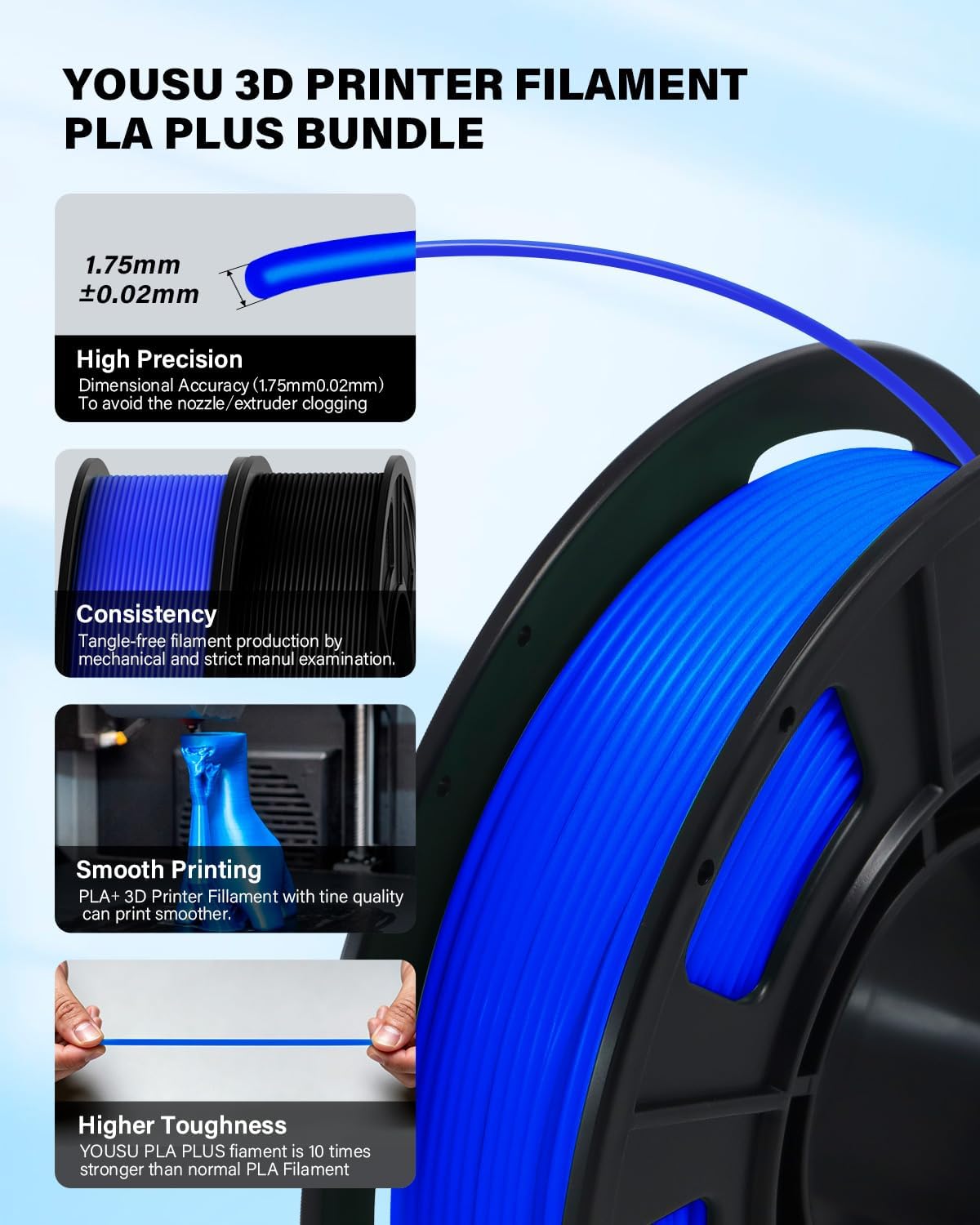 YOUSU 3D Printer Filament Bundle,Glow in The Dark Filament Multicolor,PLA Filament 1.75 mm,Green, Blue,Purple and Rainbow Accuracy +/- 0.03 mm,250g X 4 Pack