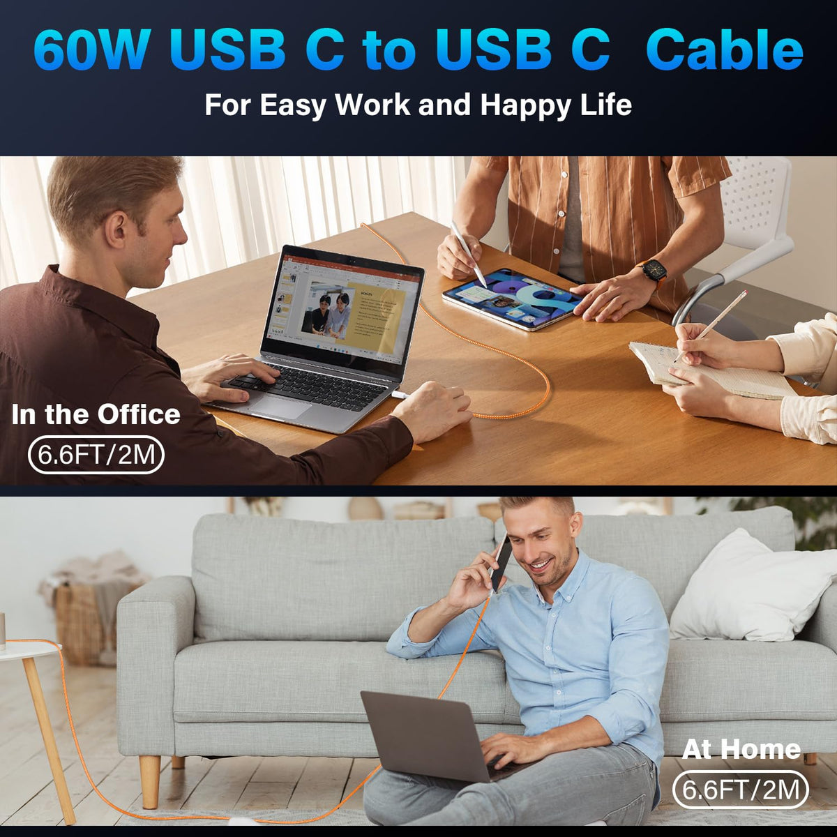 USB C to USB C Charger Cable, 2M 60W Type C Cable Lead Fast Charging, Phone Charger USB C iPhone Cable for Apple iPhone 18 17 16 Series MacBook iPad Pro/Air Samsung Galaxy S26/S25 Google Pixel 2Pack