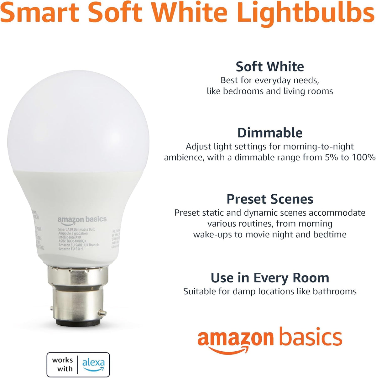 Amazon Basics Smart Dimmable LED Light Bulb, B22 Base, Soft White, 8W (60W Equivalent), Works with Alexa Only, 1 Pack