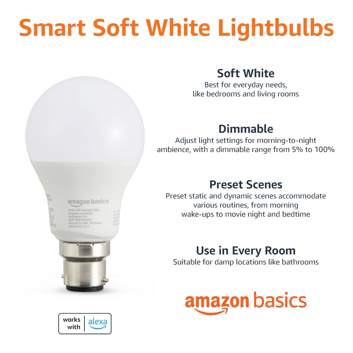 Amazon Basics Smart Dimmable LED Light Bulb, B22 Base, Soft White, 8W (60W Equivalent), Works with Alexa Only, 1 Pack