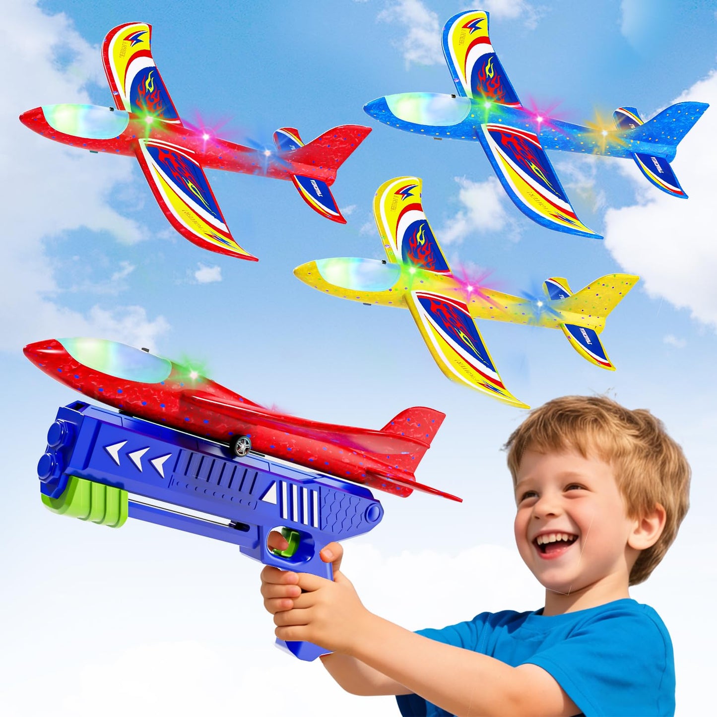 Doloowee Boys Toys for 3 4 5 6 7 8 Years Old, 1 Launcher with 3 Foam Glider Planes, Outdoor Garden Toys Birthday Present Gift for Kids 3 4 5 6 7 8 Year Old
