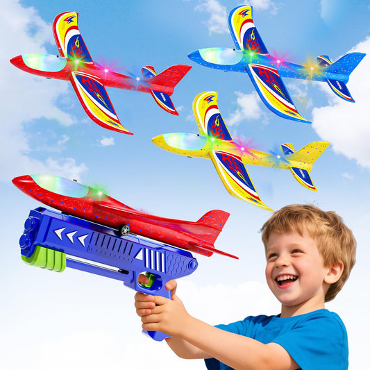 Doloowee Boys Toys for 3 4 5 6 7 8 Years Old, 1 Launcher with 3 Foam Glider Planes, Outdoor Garden Toys Birthday Present Gift for Kids 3 4 5 6 7 8 Year Old