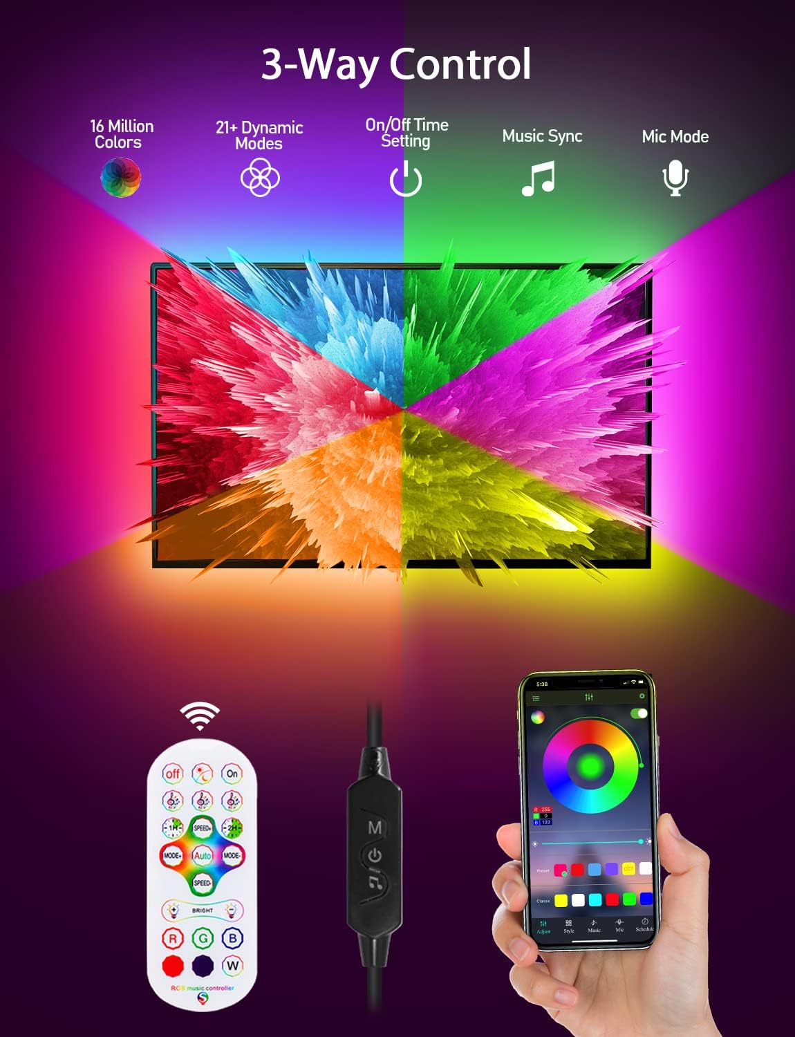 MATICOD TV LED Lights, 4M TV Lights for 45-60in TVs, Music Sync RGB TV Backlight USB LED Strip Lights with Remote and App Control for Christmas Decorations