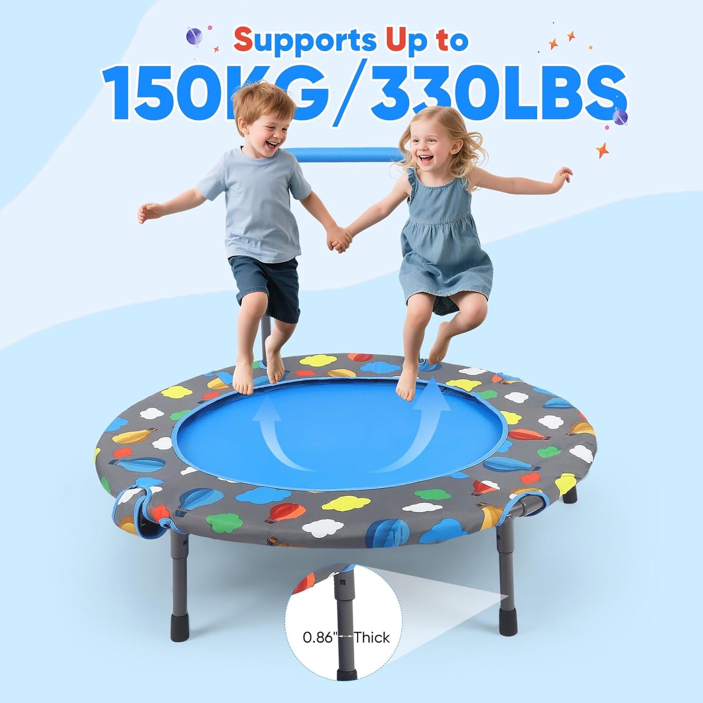 Foldable Fitness Trampoline with 100 Balls Ball Pit, Low Noise Adjustable Safety Cover and Removable Handlebar, Reinforced Oxford Fabric Quiet Exercise Rebounder for Kids Adults, Max Load 150kg