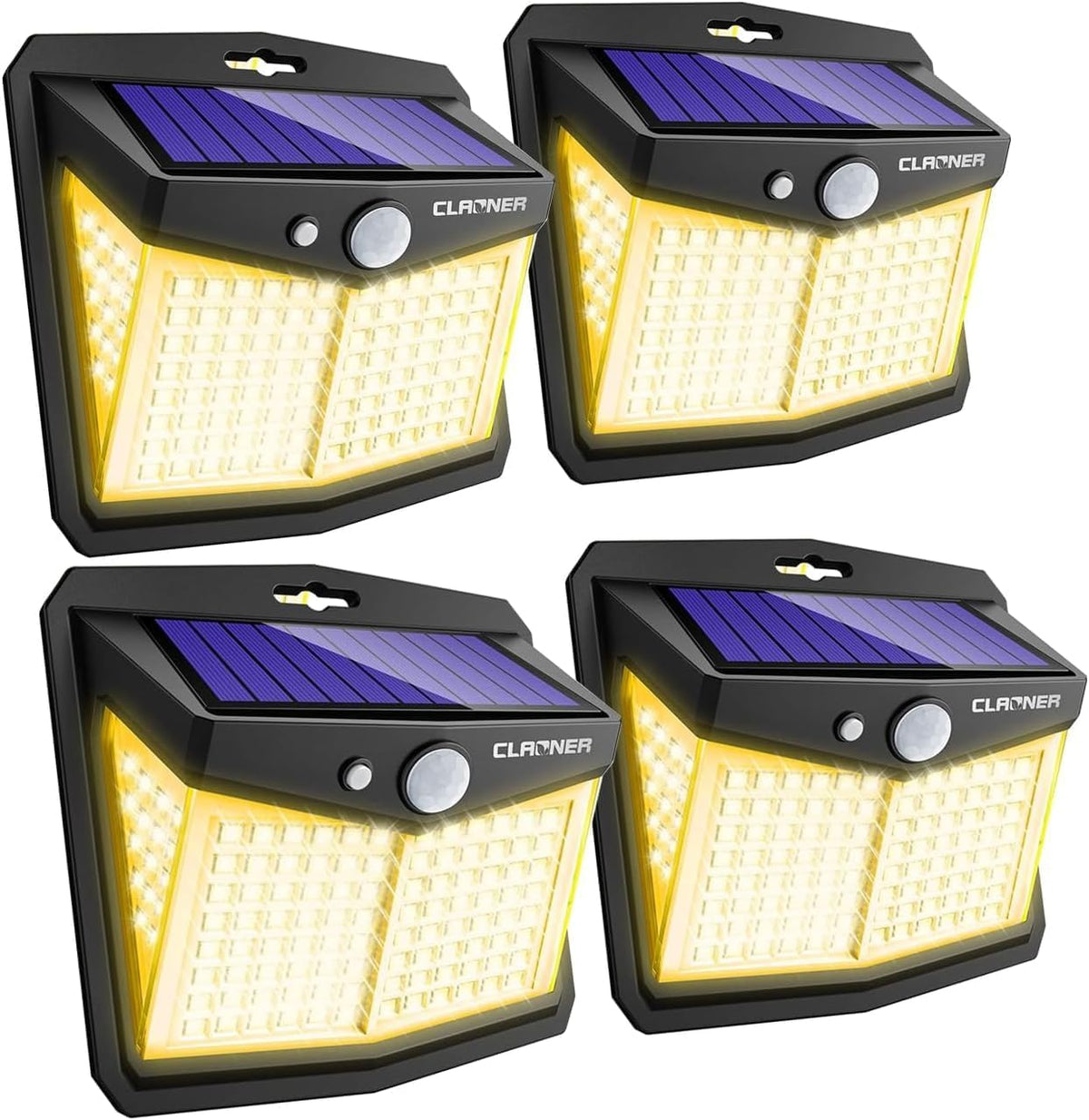 CLAONER Solar Powered Lights Outdoor, Upgraded Wireless 270° IP65 Solar Motion Sensor Security/Wall Light for Front Door, Yard, Garage, Garden, Warm White (4 Pack)