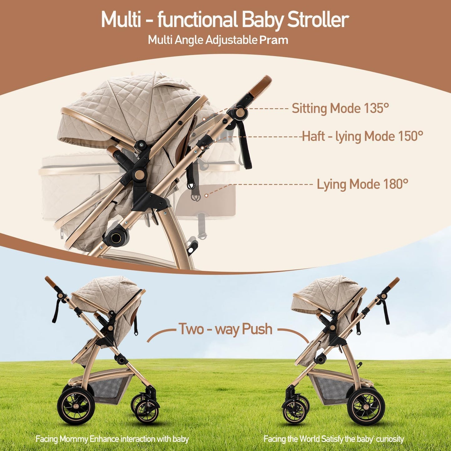 Zkipm Baby Pram 3 in 1, Foldable Baby Stroller,Pram Set Travel with Adjustable-Height Push Handle, Present Rain Cover, Mosquito Net, Bag, Cooling Mat, ect for Ages 0–3