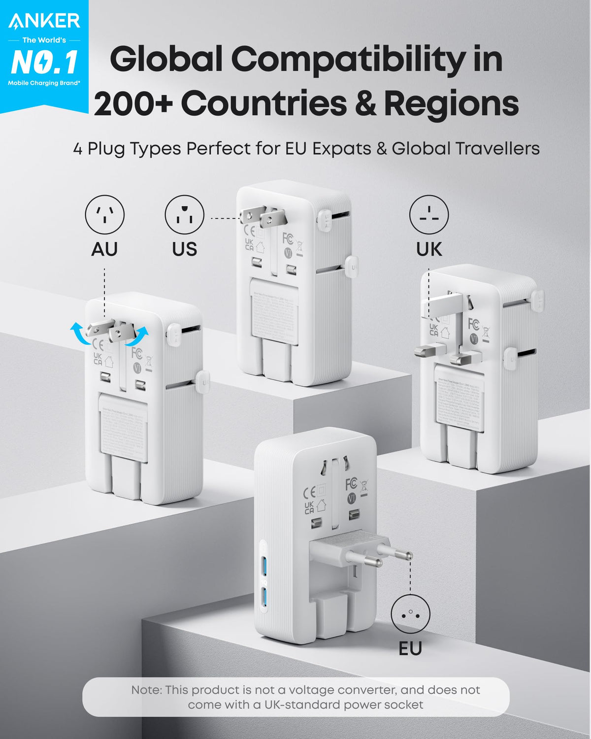 Anker Universal Travel Adapter 5-in-1 for UK/EU/US/AU, 20W USB-C + 4 USB Ports, Compact Power Plug Converter with AC Socket for 200+ Countries | Ideal for UK Travel & EU Expats (Black)