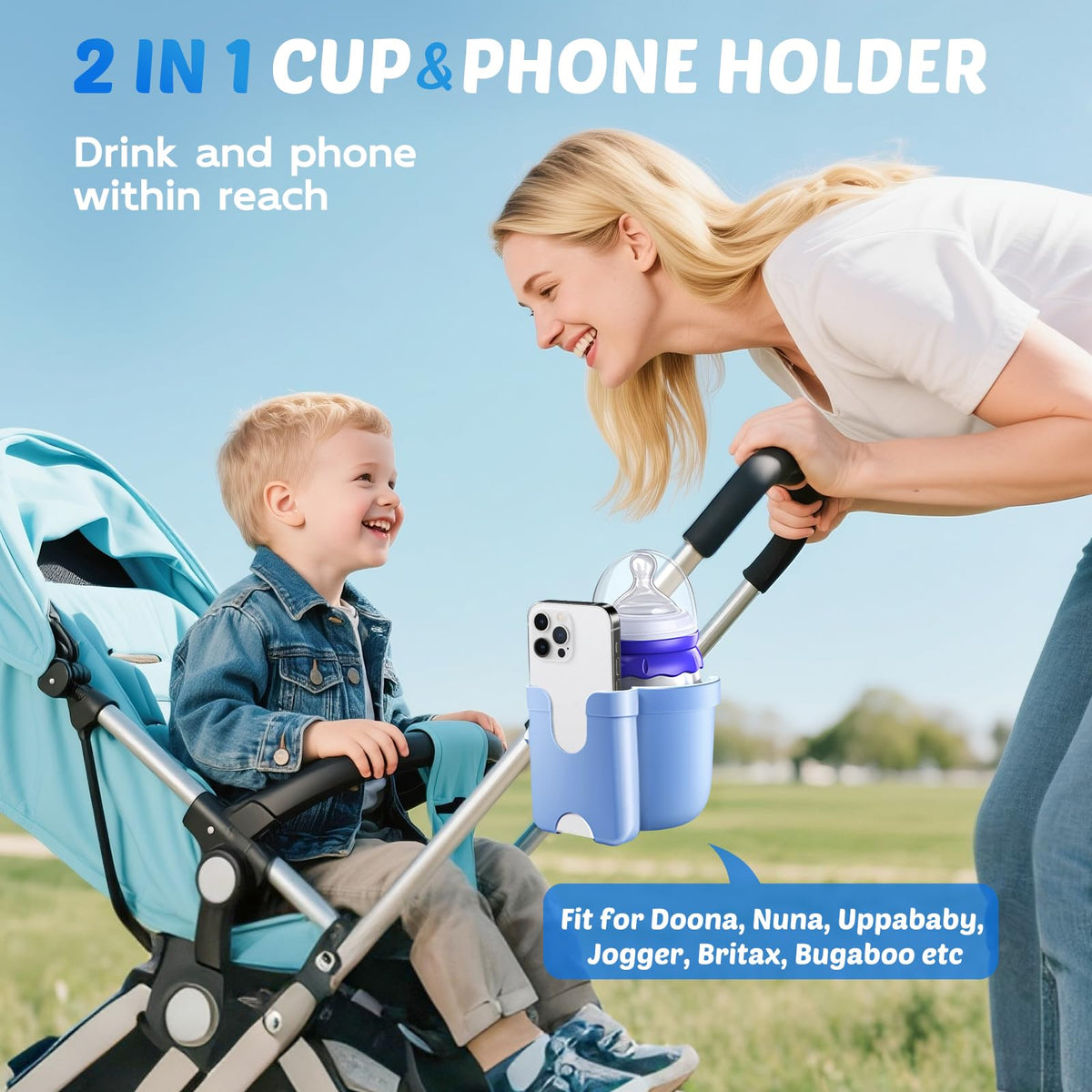 2-Pack Pram Cup Holder with Phone Holder, Universal Pram Buggy Accessories
