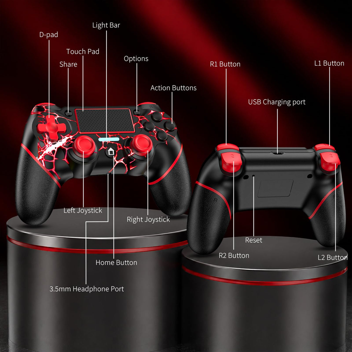 Reddening for PS4 Controller 2 Pack, Controller PS4 for PS4/Pro/Slim/PC, Gamepad Joystick with Turbo/Back Button/Dual Vibration/6-Axis Gyro Sensor/Touch Panel (2 printed purple)