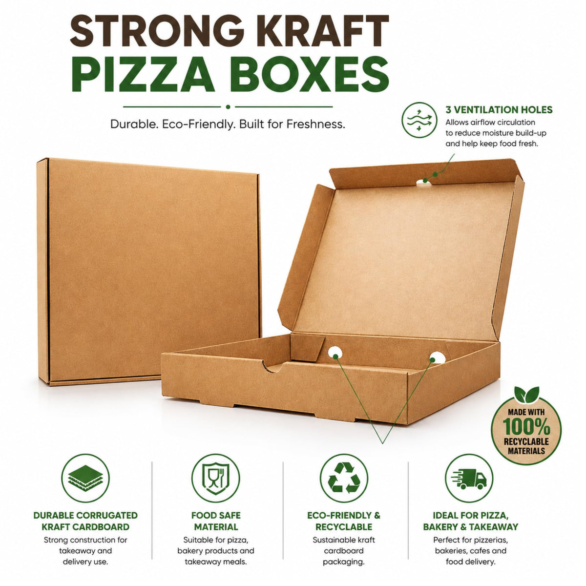 Pizza Boxes — Lightweight Food Boxes— Plain Pizza Style Postal Boxes with Rear Vent Hole - Easy to Transport (Plain 9 Inch - 100 Pizza Boxes)