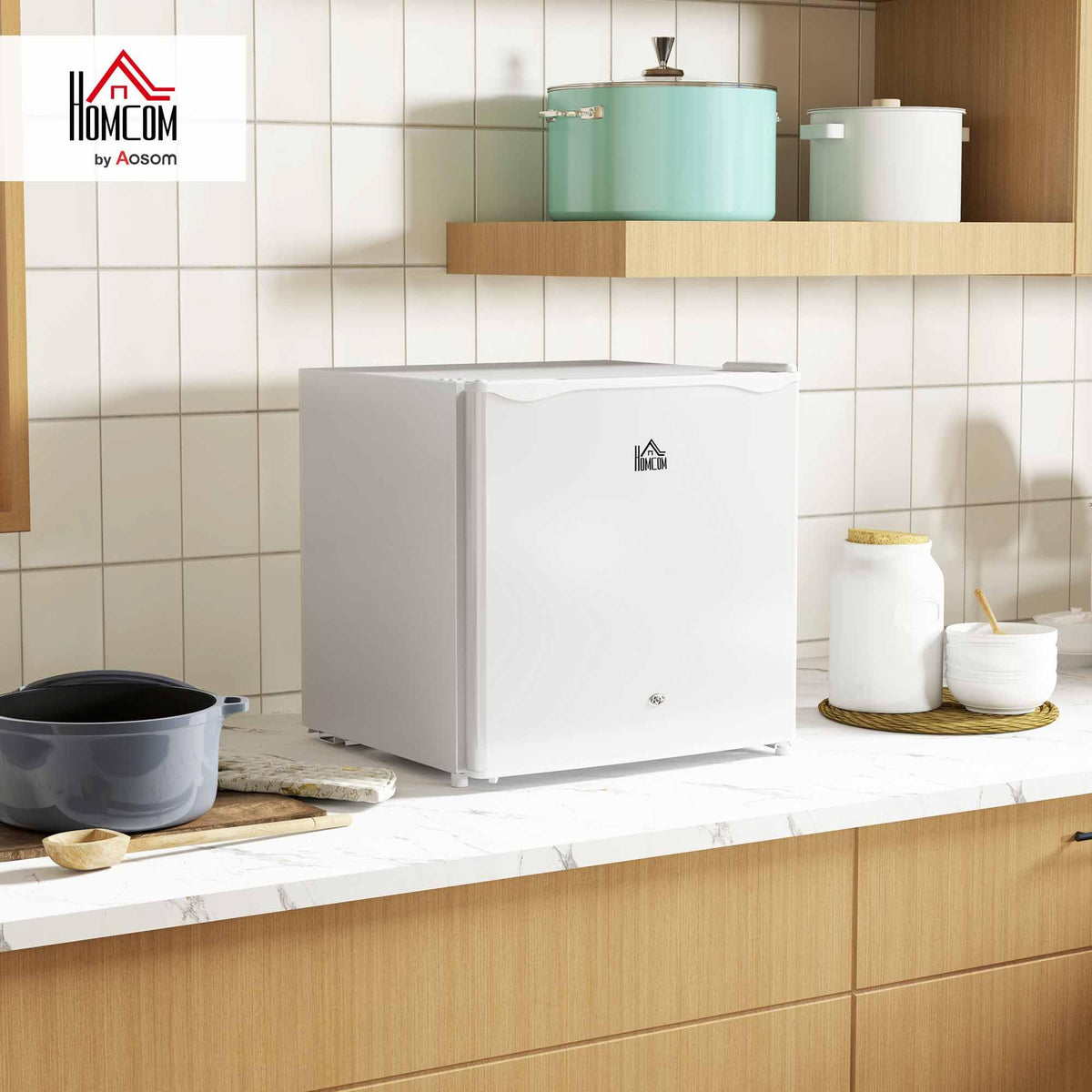 HOMCOM 46L Table Top Mini Fridge with Ice Box, Reversible Door, Cream