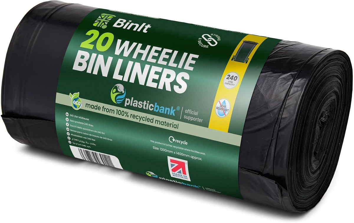BinIt 20 Wheelie Bin Liners 240 Litre, Eco-Friendly, Bin Bags, Refuse Sacks, Recycled, Strong & Secure, Tear Resistant, 30 μm, Perfect for Standard 240L Wheelie Bins