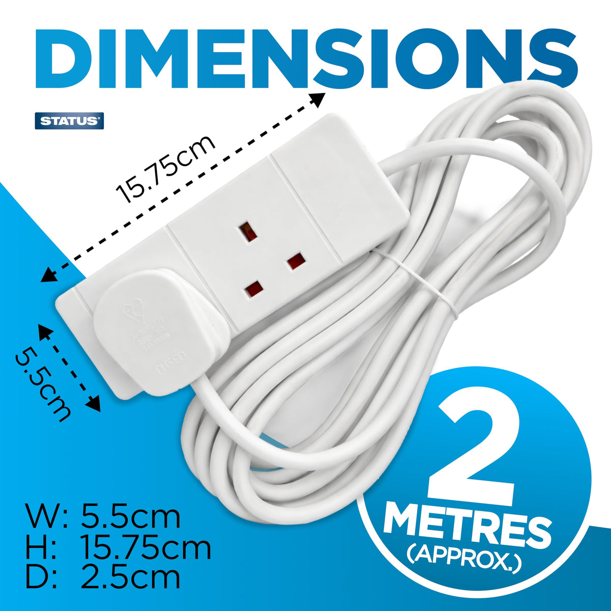 STATUS 6 Socket Extension Lead, 2m Multi-Plug Power Strip for Home, Office or Gaming Set-ups, White (S6W2MS12)