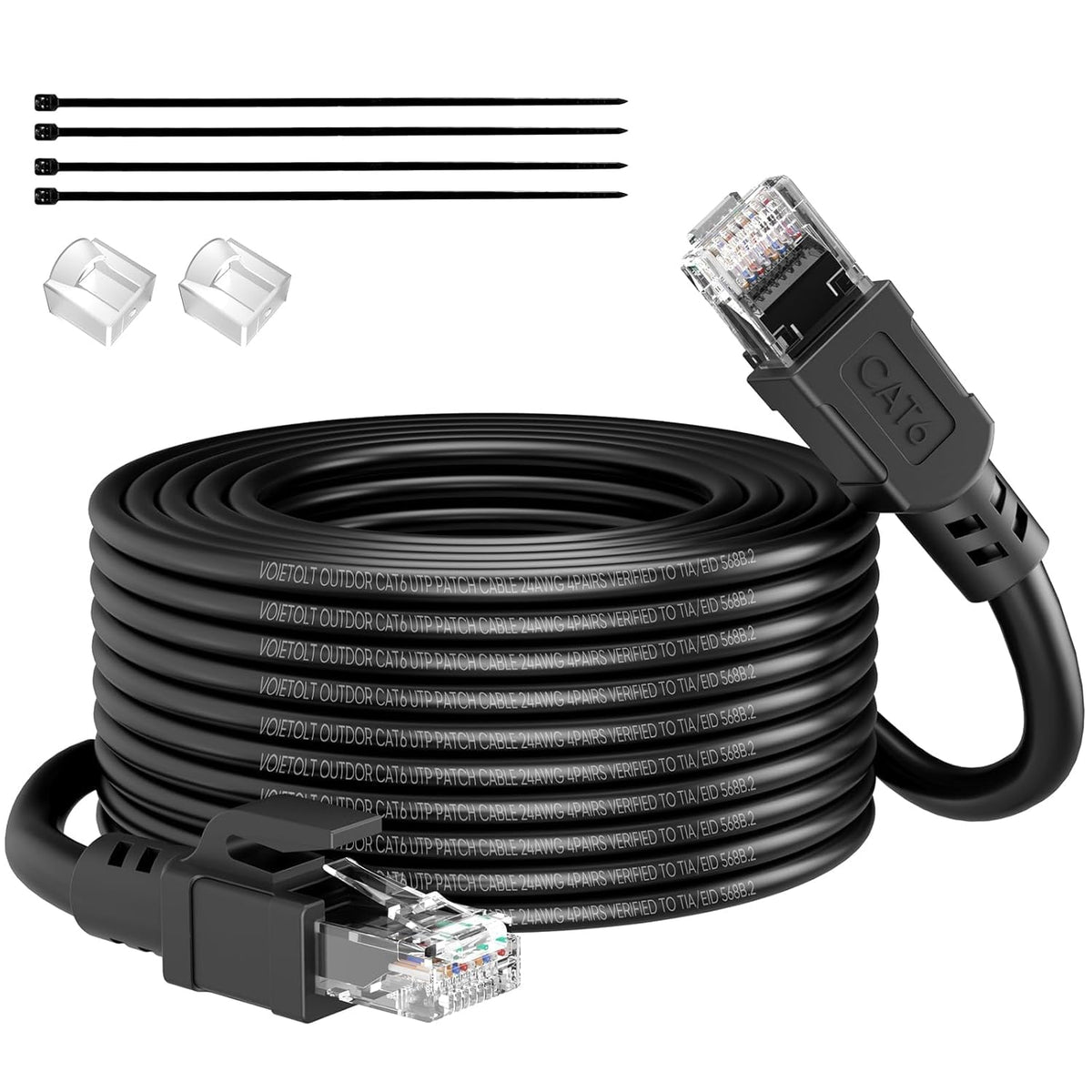 Outdoor Cat 6 Ethernet Cable 75m, Water Resistant Direct Burial LLDPE UV Jacket - 24AWG 10Gbps High Speed Gigabit Internet Network Cable - CCA, UTP with 80 Ties - Black