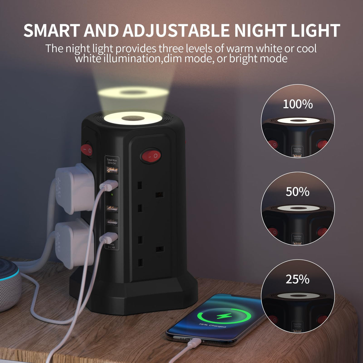 HAFINO Tower Extension Lead 3M with USB Slots and Night Light, 4 Switches