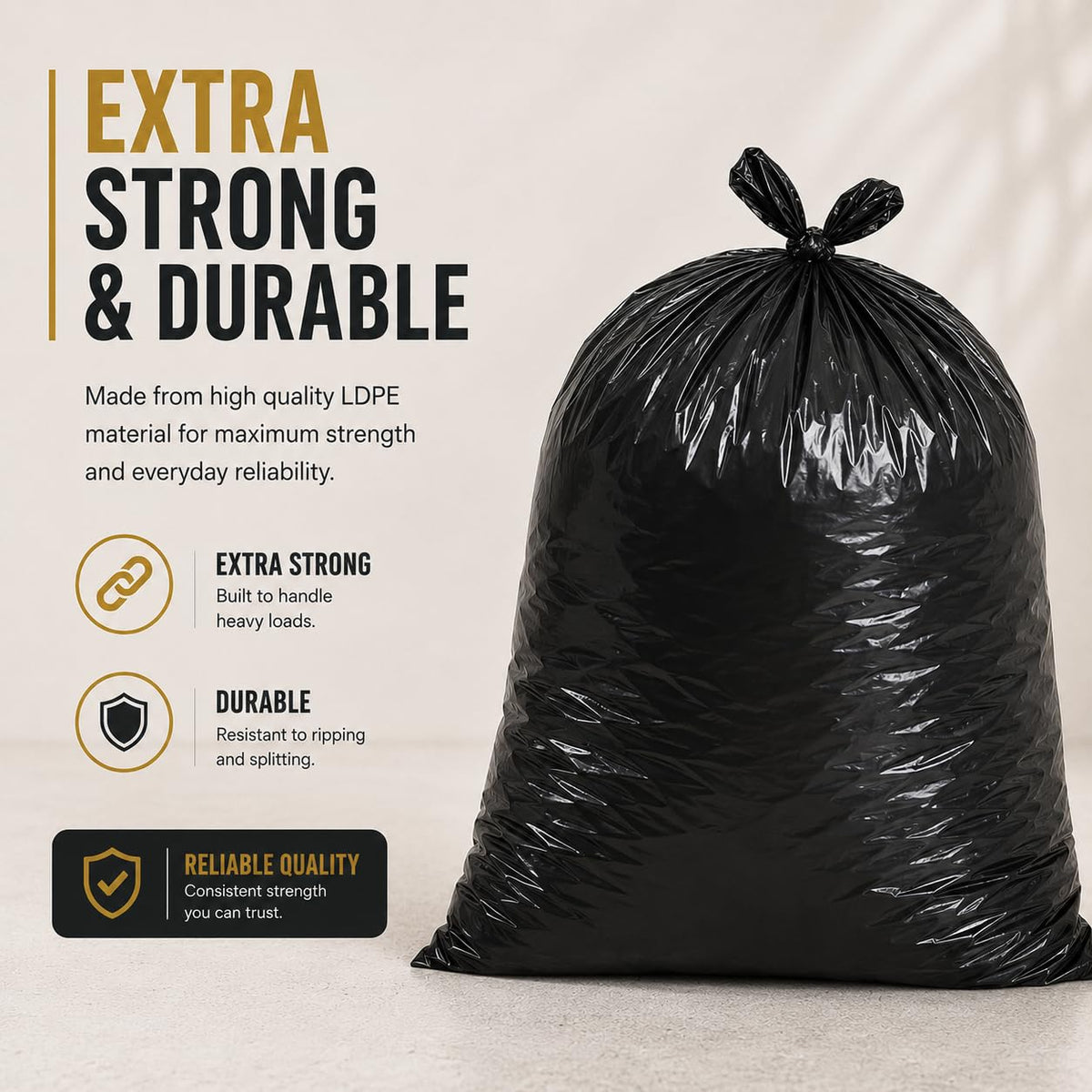 Haya Home 50L 50 Bin Bags Heavy Duty Bin Liners, Black Plastic Refuse Sacks large Garbage Waste Dustbin Bags for Kitchen Home Office DIY Garden from 100% Recycled Material