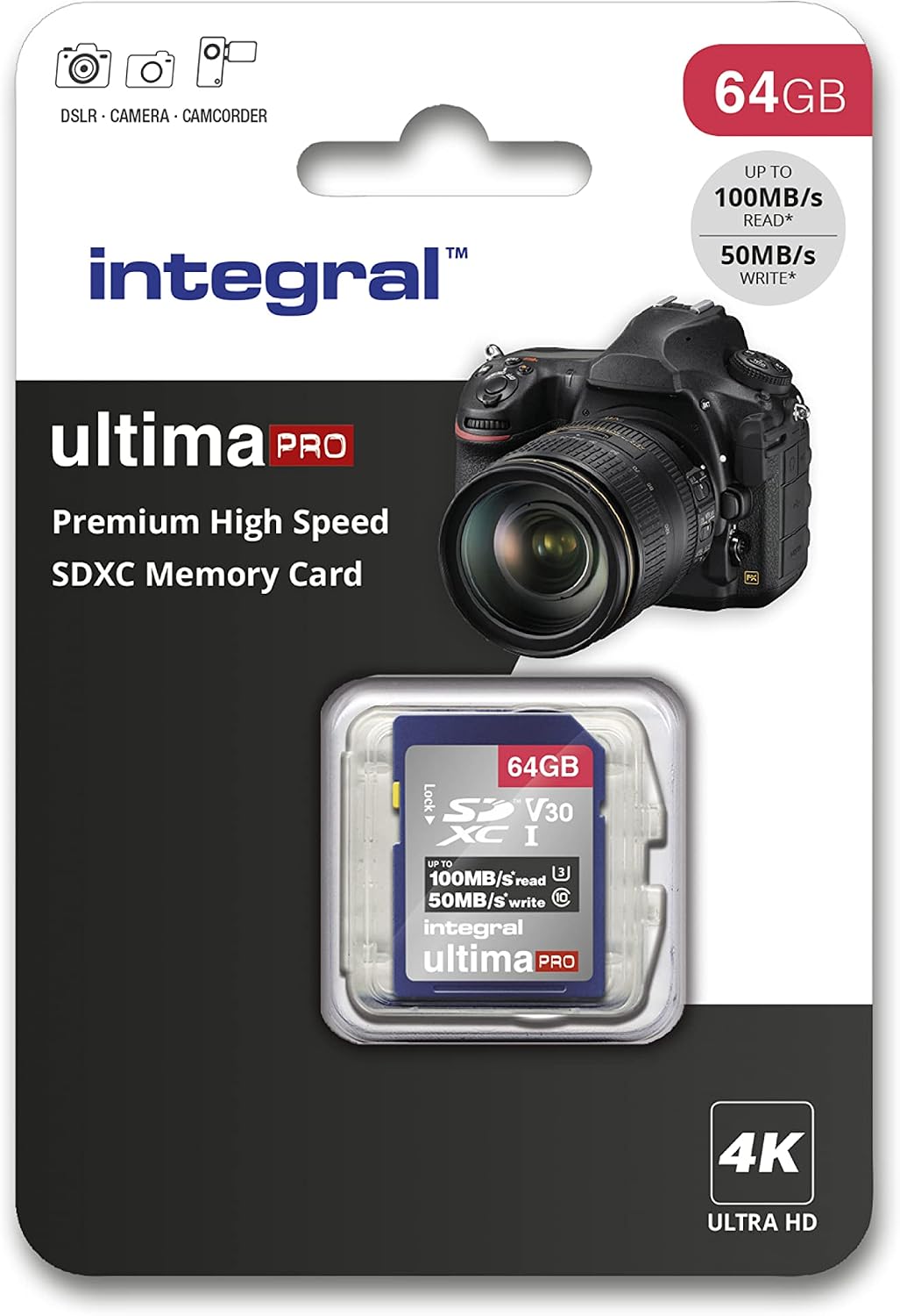 Integral 64GB SD Card 4K Ultra-HD Video High Speed SDXC V30 UHS-I U3 Class 10 Memory Card up to 100MB/s, Color May Vary