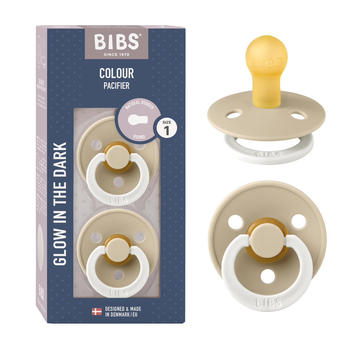 BIBS Colour Soother 2-Pack, BPA Free Dummy Pacifier, Round Nipple. Natural Rubber Latex, Made in Denmark, Size 2 (6-18 Months), Baby Blue