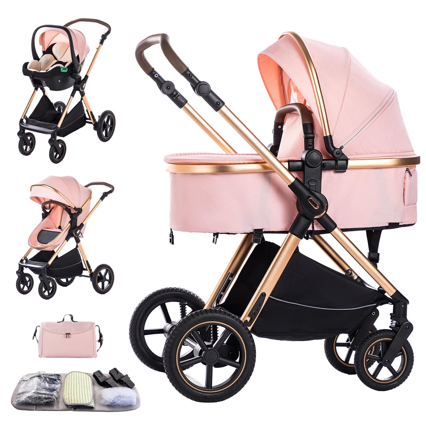3 in 1 Baby Stroller with Height Adjustable Handle,3 in 1 Prams Travel System, Lightweight Foldable Pushchair, Prams with Aluminum Frame for Portable Baby Carriage (D2 Pink, H2-D)