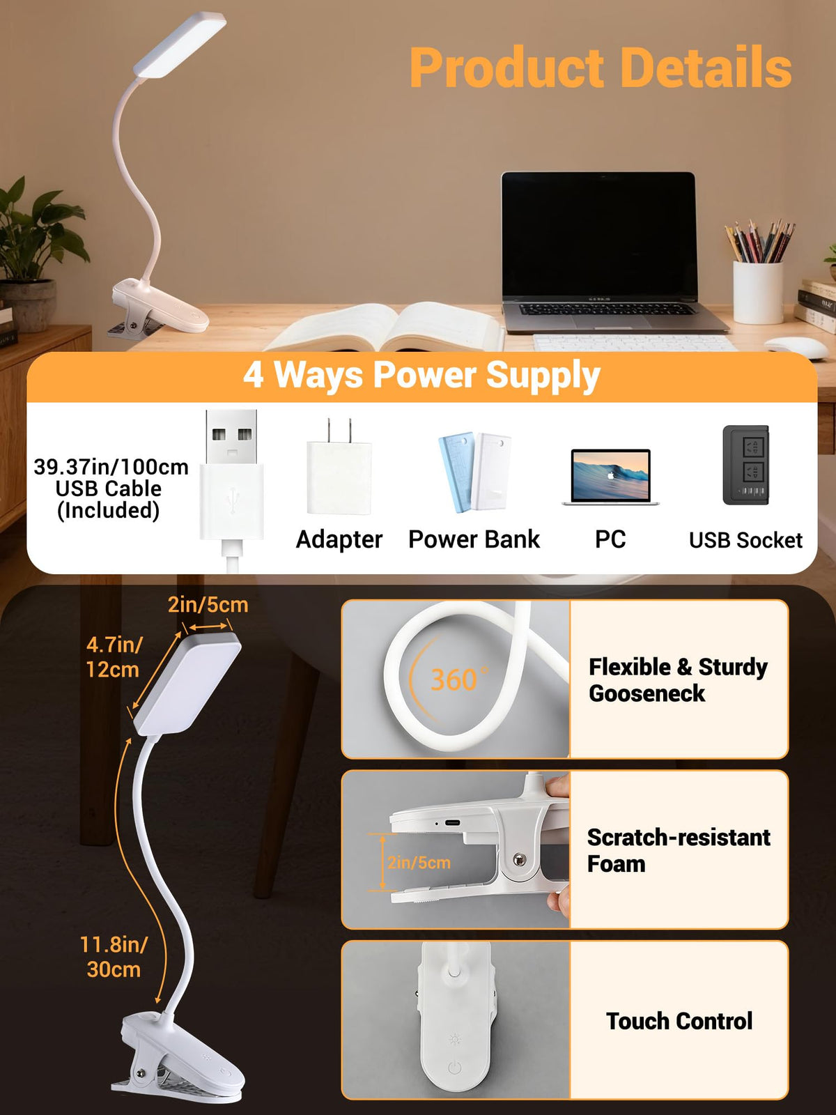 Reading Light,9 Brightness+5 Colors Clip on Light, LED Desk Lamp Table Lamp