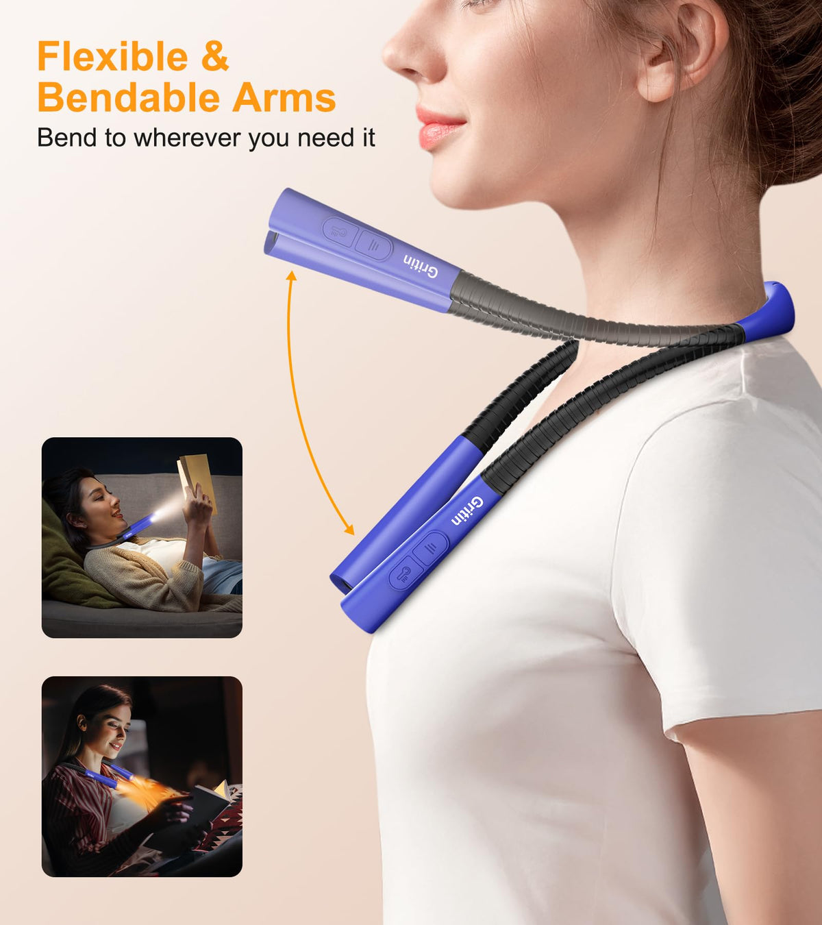 Gritin Book Light, Eye Caring 4-Color&5-Brightness Neck Light Reading Lamp