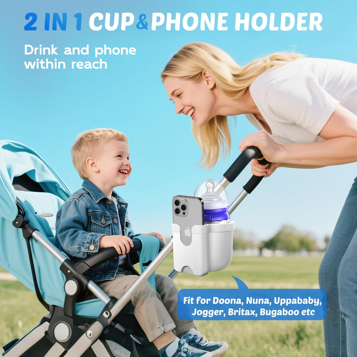 2-Pack Pram Cup Holder with Phone Holder, Universal Pram Buggy Accessories