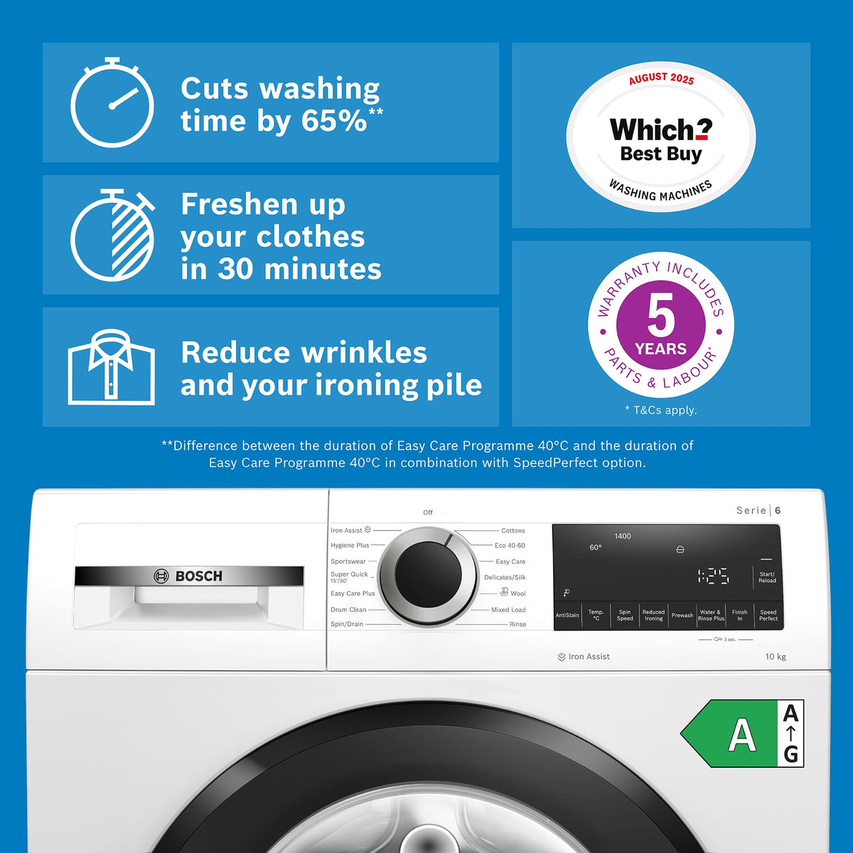 Bosch Series 6 WGJ25400GB Washing Machine, 10kg, 1400rpm, Energy Rating A, Freestanding, White
