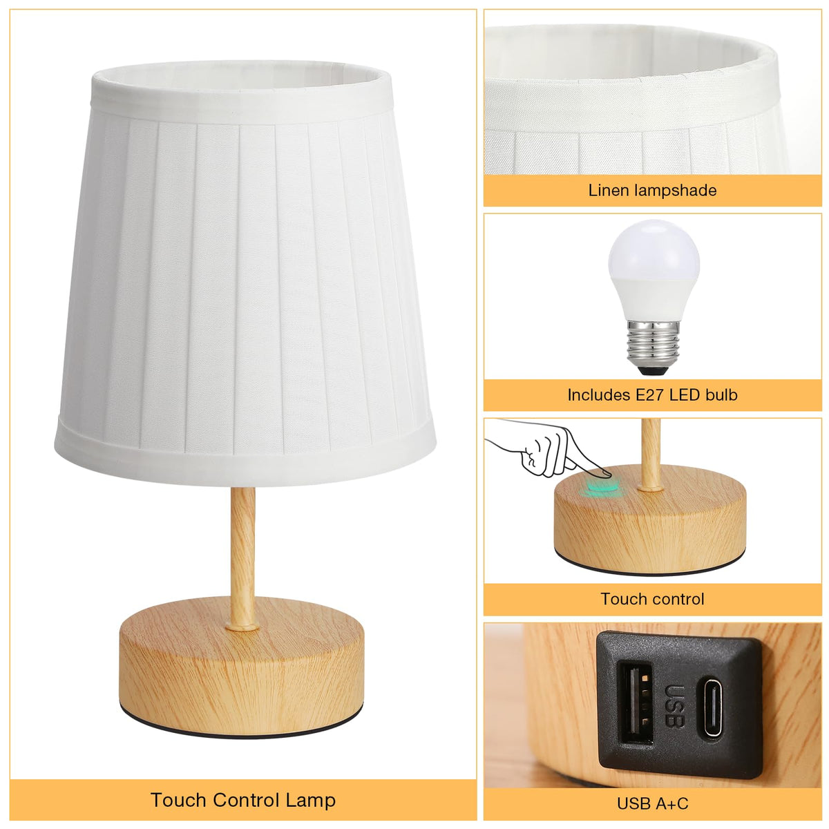 Aooshine Grey Table Lamp, 3-Way Dimmable, USB A + C Charging