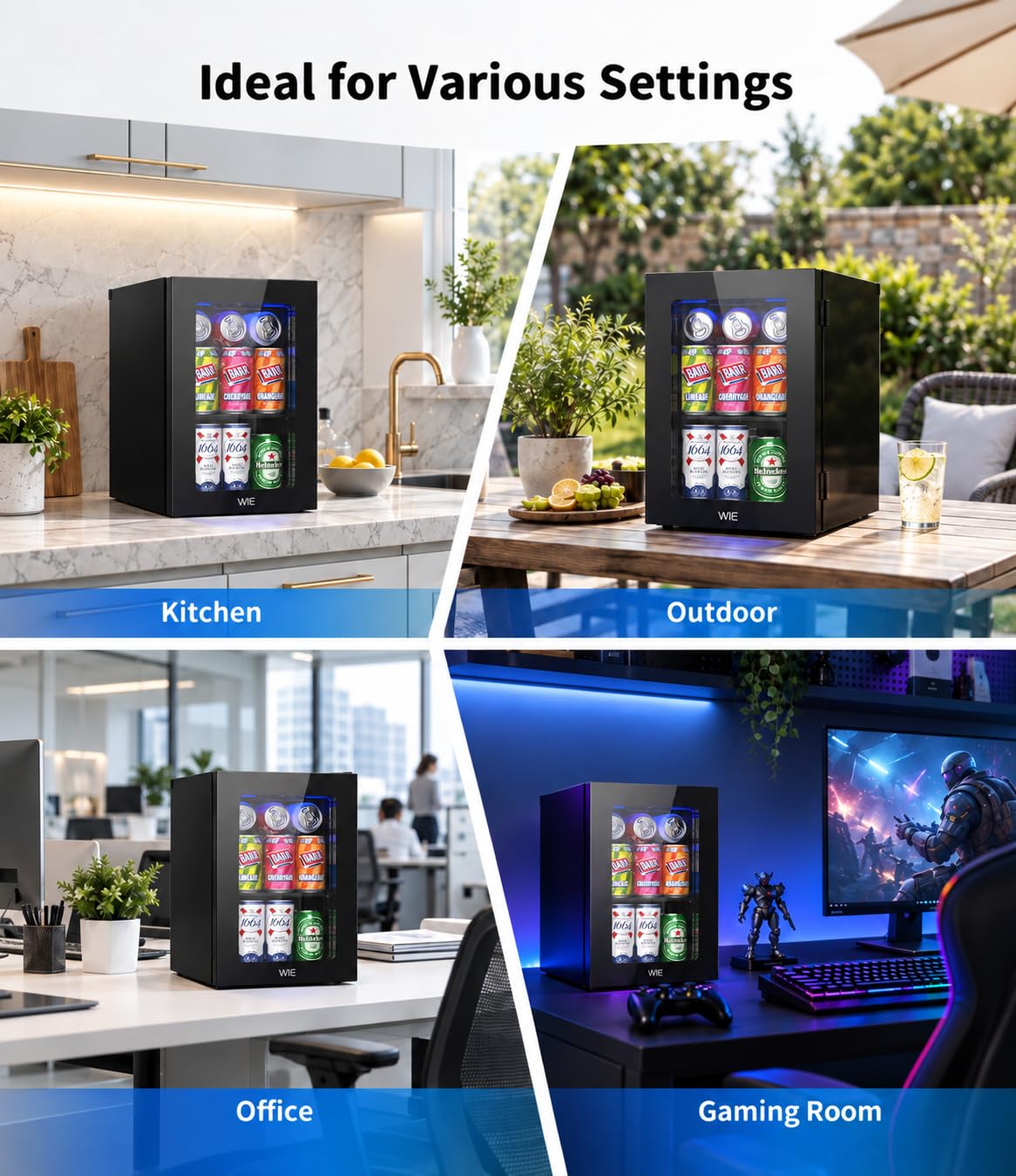 WIE 48L Drinks Fridge with Glass Door, Beer Fridge for 68 Cans or 12 Wine Bottles, Mini Fridge 4-16°C Touch Control, Quiet Beverage Refrigerators with LED Light, Reversible Door for Home, Bar, Office