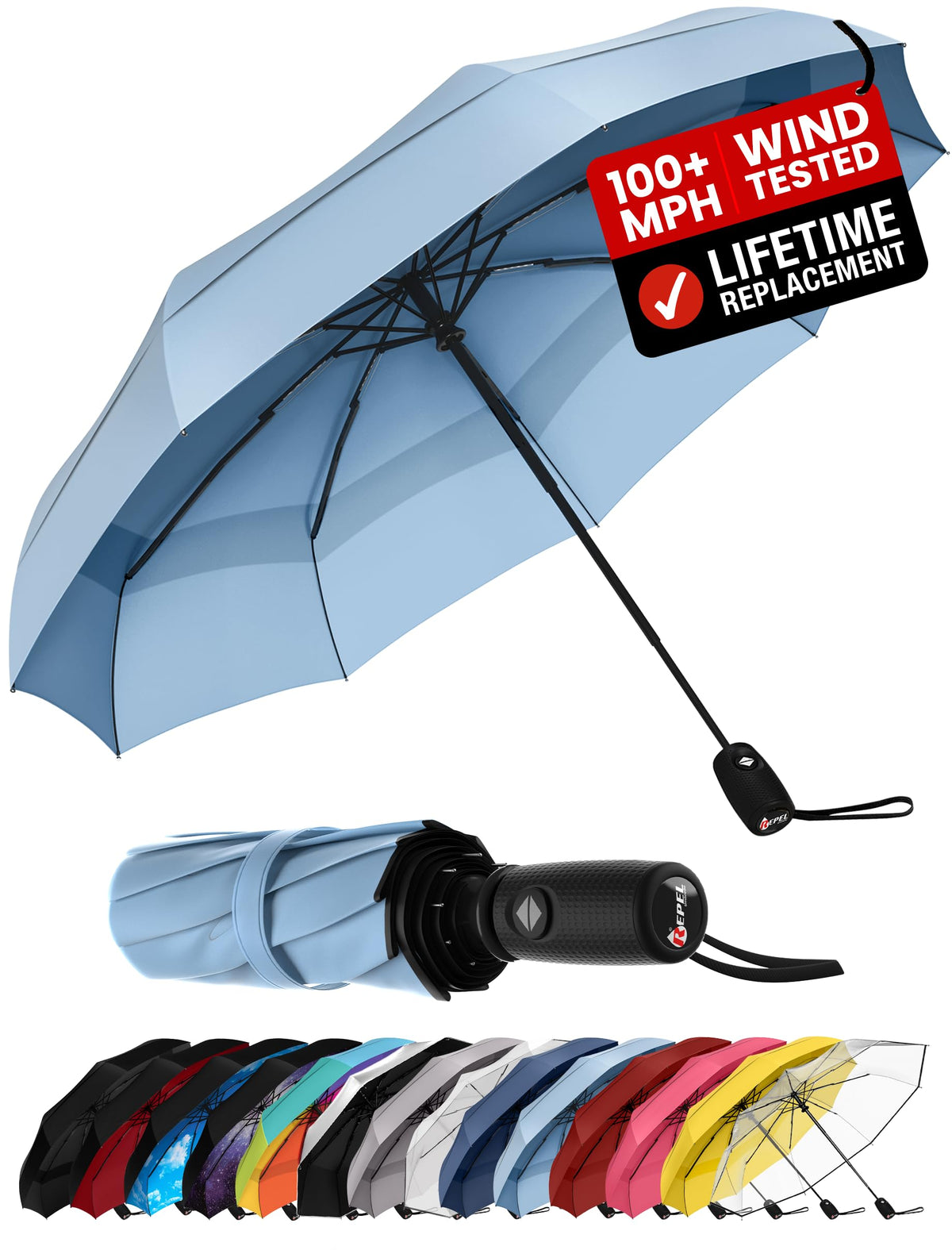 Repel Windproof Travel Umbrella - Compact & Withstands Winds up to 100MPH, Strongest Premium Auto Folding Umbrella for Rain and Sun - Durable, Light & Portable for Women & Men, Fits Backpack & Cars