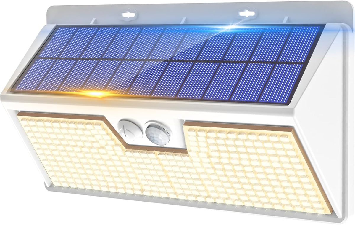 vighep Solar Security Lights Outdoor Motion Sensor, White 318LED Led Solar Powered Light with 3 Lighting Modes, IP65 Waterproof Wireless Pir Wall Light for Outside Garden Fence Yard-Warm White