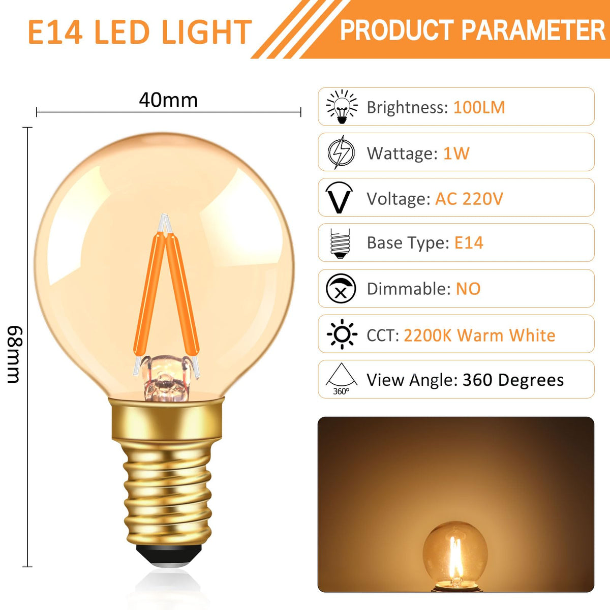 Caldarax 0.5W E14 LED Vintage Night Light Bulb, Mini C7 LED Filament Candle Bulbs Amber Warm White 2200K E14 Orange SES Small Edison Screw Salt Lamp Bulbs, 5W Equivalent, Non Dimmable, 2 Pack