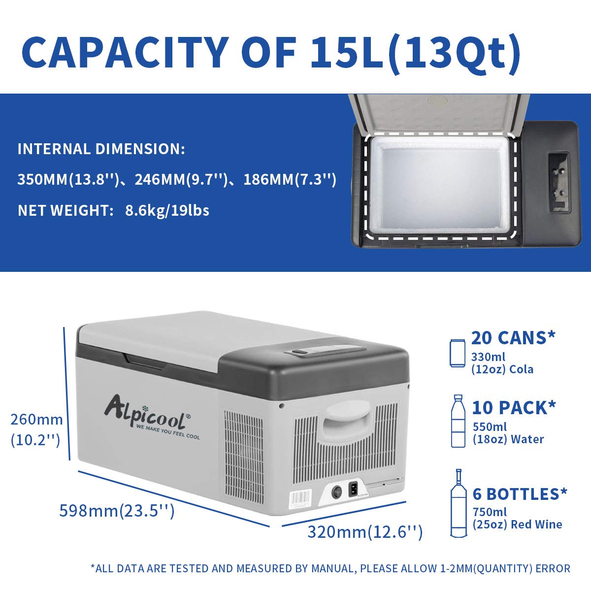 Alpicool 20L Car Fridge Freezer Portable Compressor Refrigerator, 12/24V DC & 230V AC Camping fridge -20℃~20℃ with APP Control, Energy Saving cooler for Caravan, Camping, Home, RV