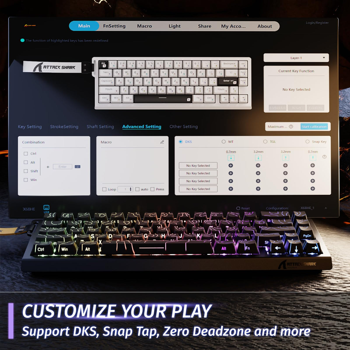 ATTACK SHARK X68 HE 8000Hz Rapid Trigger Keyboard, 0.01mm RT Accuracy Wired Gaming Keyboard with Magnetic Switch, Adjustable Actuation, Rapid Trigger, Snap Tap, RGB Lighting for PC/Mac, Black