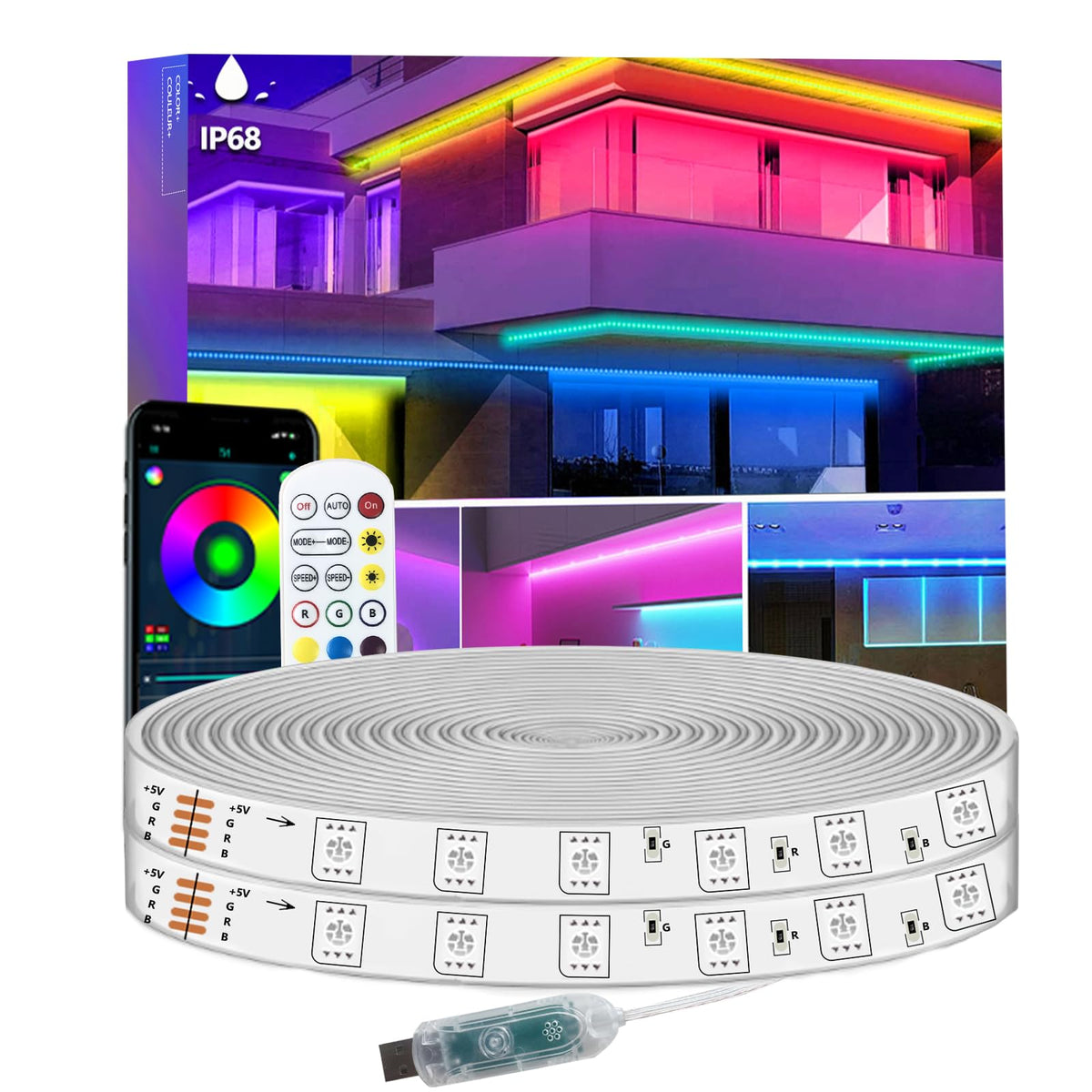 5m LED Strip Lights IP68 Outdoor Waterproof, 5V USB Powered, Music Sync Bluetooth APP/RF Remote Control Lights for Balcony,Deck,Camping,Garden,Bedroom Decor
