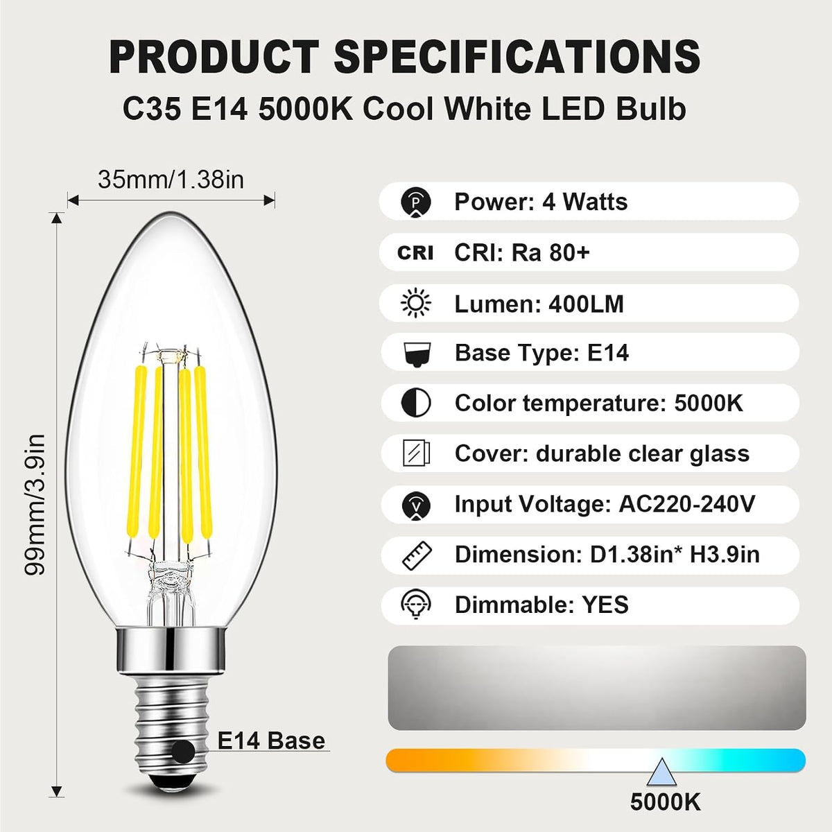 BRIMAX 5Pack E14 Bulb Cool White 5000K,Dimmable 4W Small Screw Light Bulb